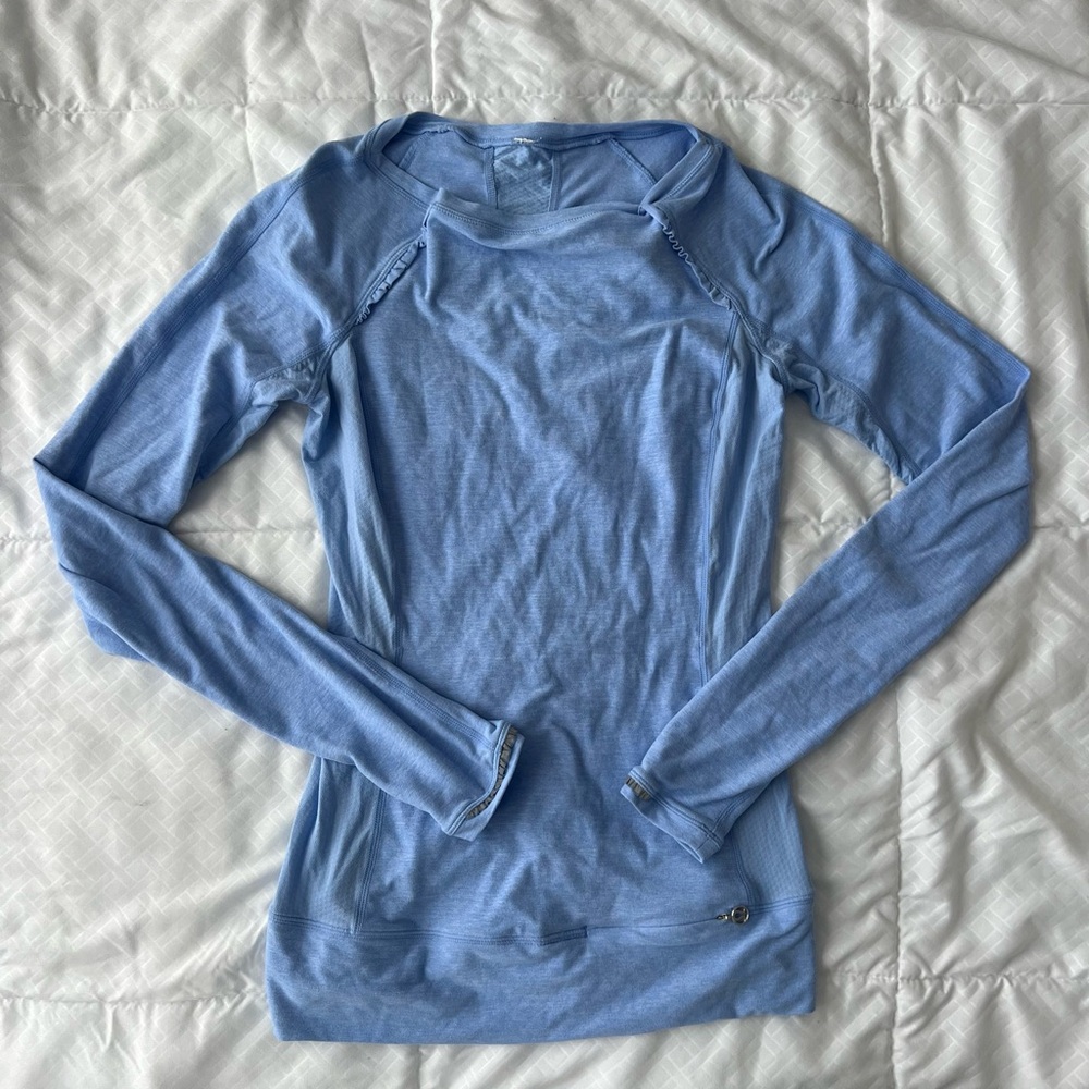 Lululemon Long Sleeve Top 4 Full Tilt Run Pastel Light Blue Ruffle Seam Stretch